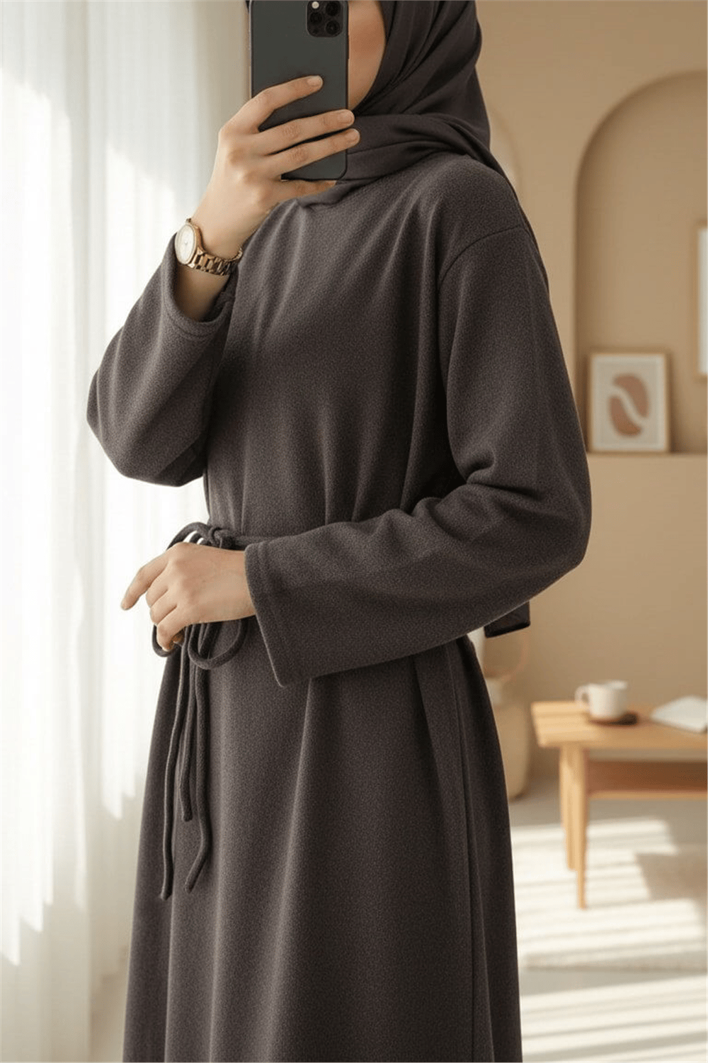 Beli Drapeli Çift Bağcıklı  Selanik Uzun Elbise -Kahve-Elbise-253-13116-R15