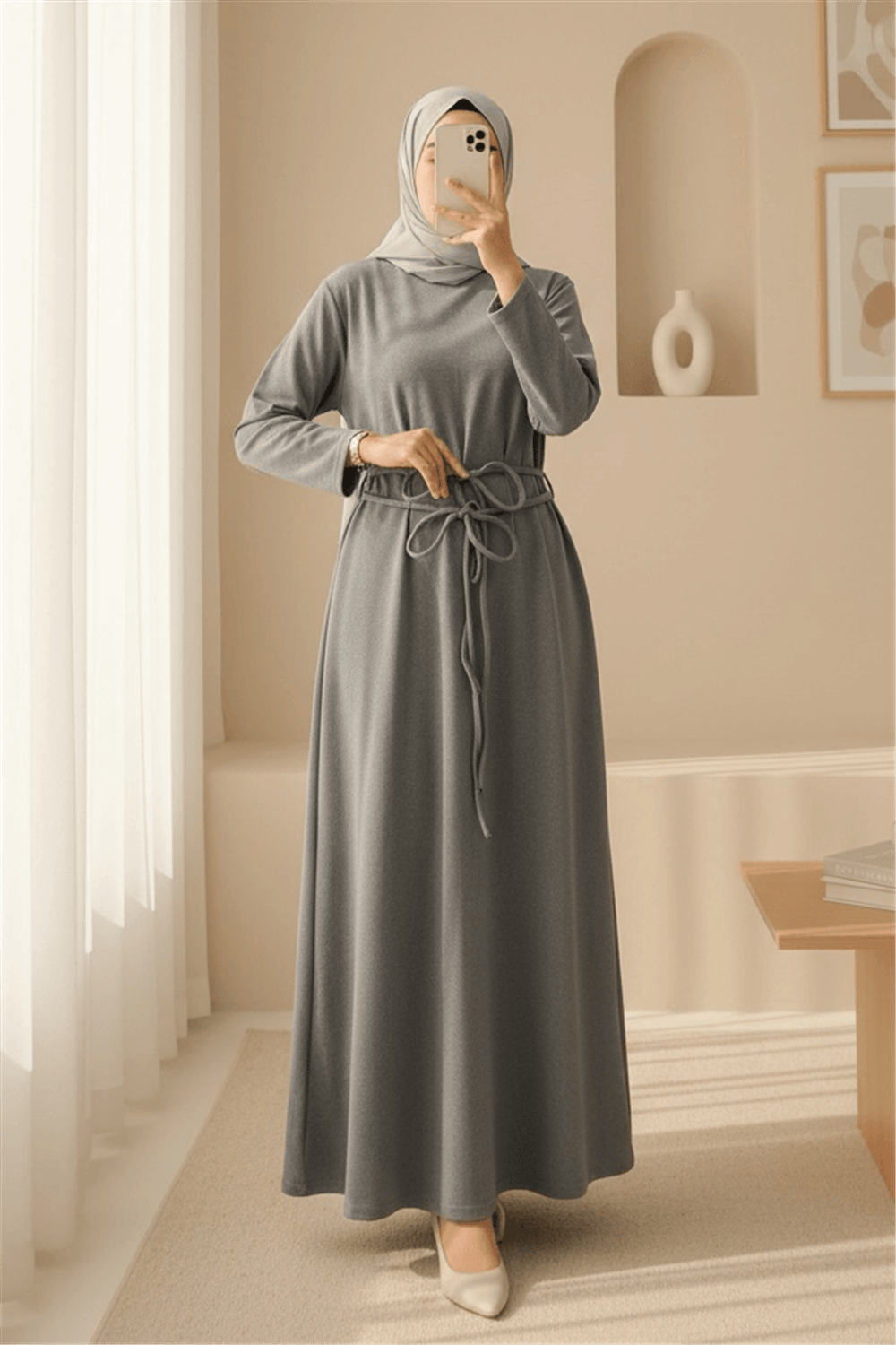 Beli Drapeli Çift Bağcıklı  Selanik Uzun Elbise -Gri-Elbise-253-13116-R11