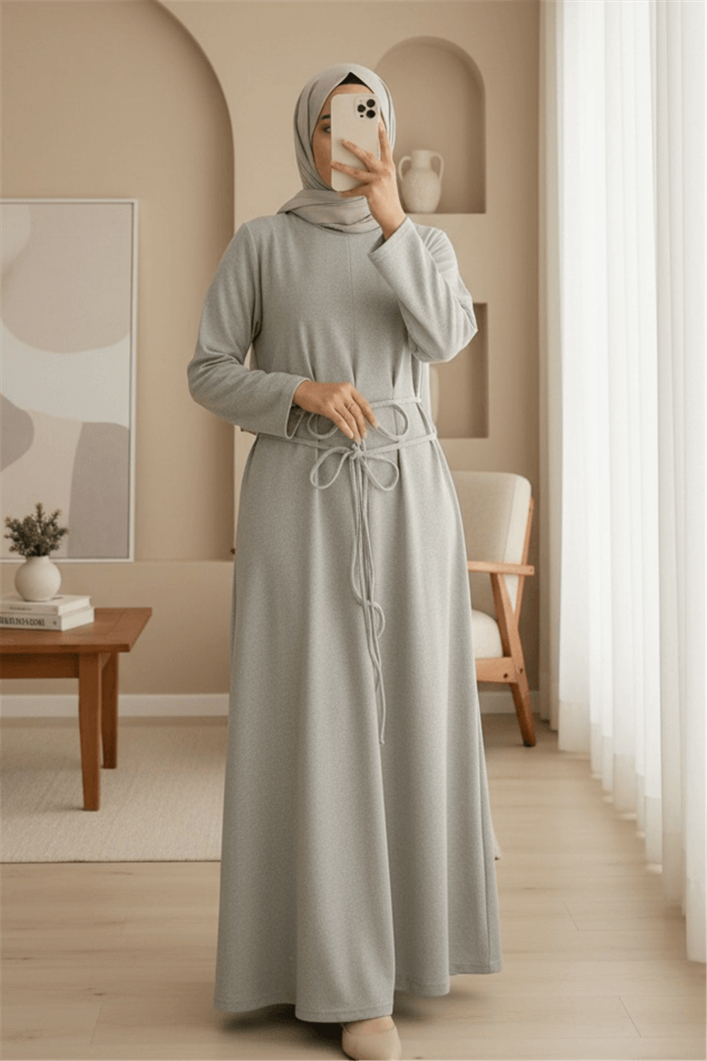 Beli Drapeli Çift Bağcıklı  Selanik Uzun Elbise -Bej-Elbise-253-13116-R56