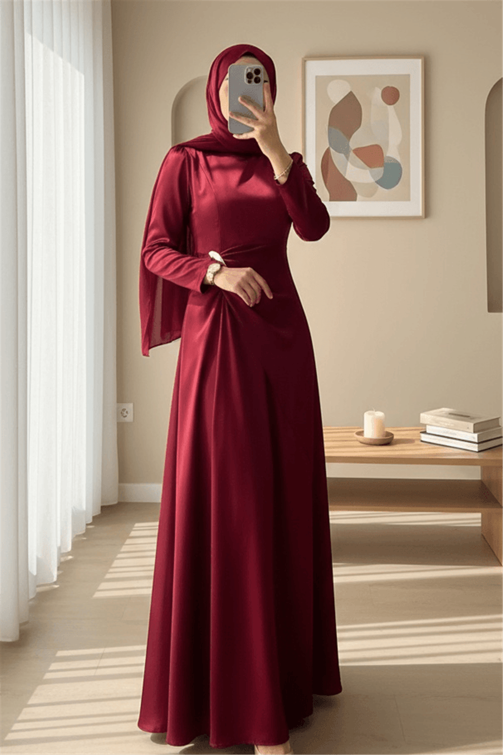 Beli Drapeli Düz Saten Elbise -Bordo-Elbise-114-5128-R04