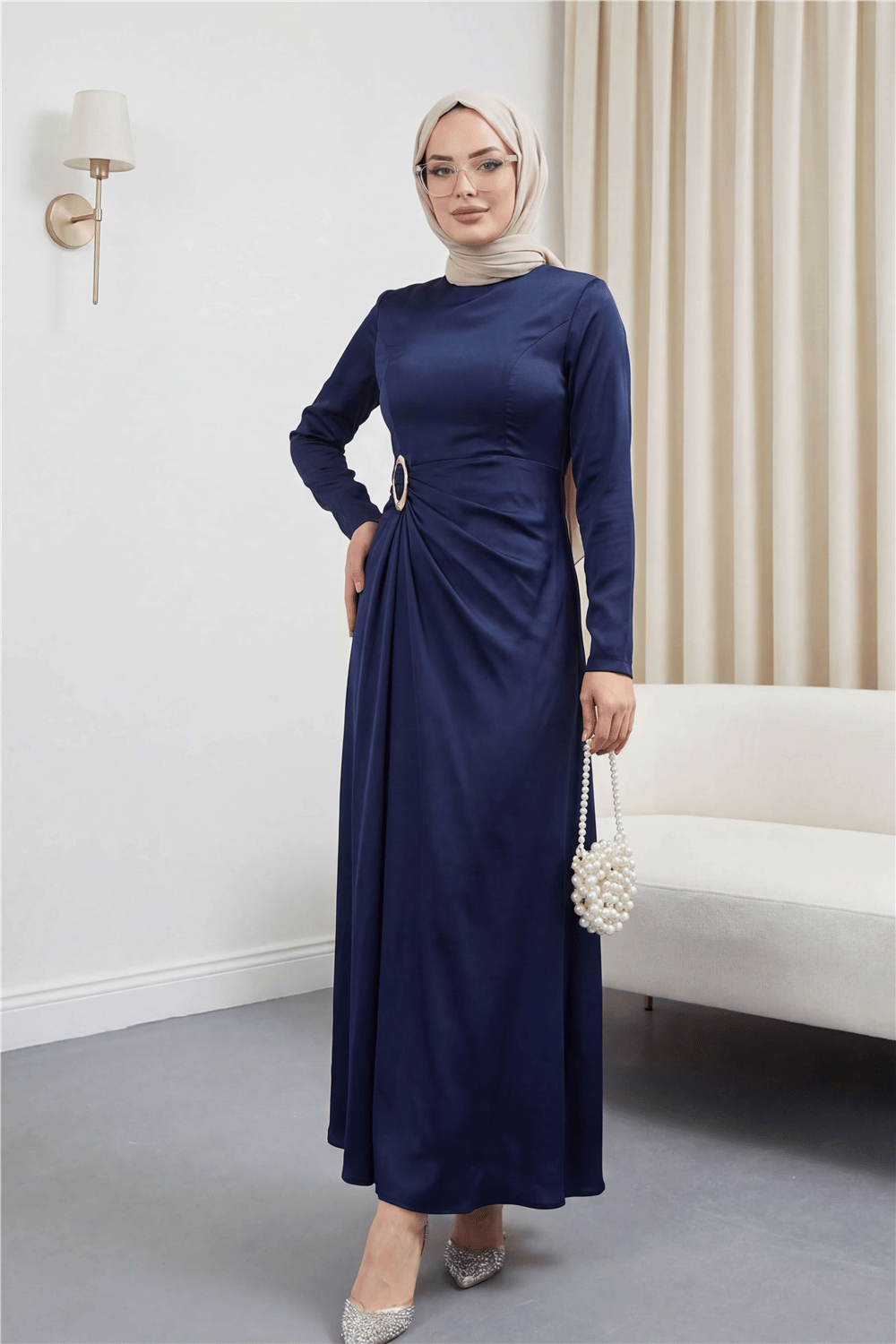 Beli Drapeli Düz Saten Elbise  -Laci-Elbise-114-5128-R03