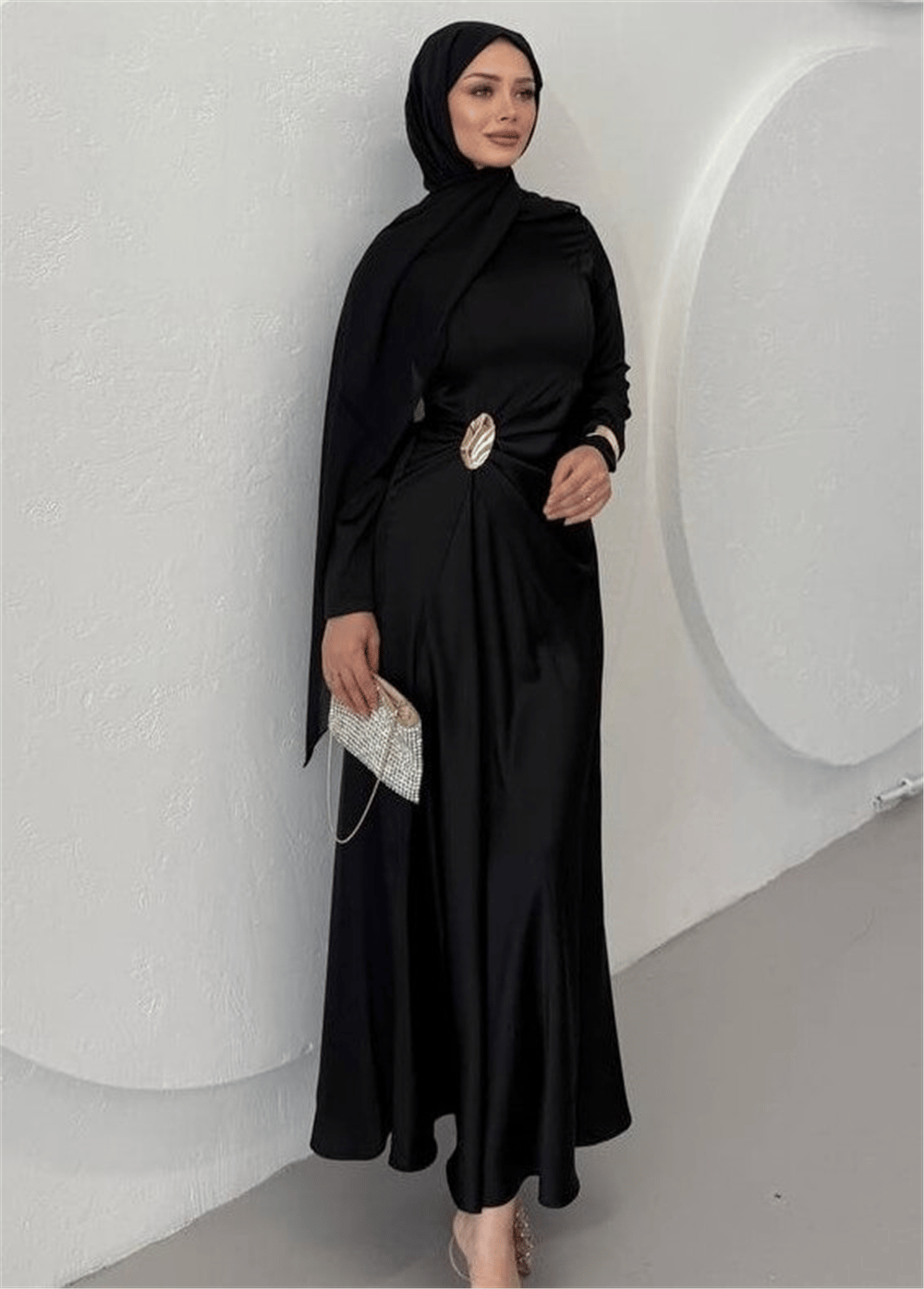 Beli Drapeli Düz Saten Elbise -Siyah-Elbise-114-5128-R01