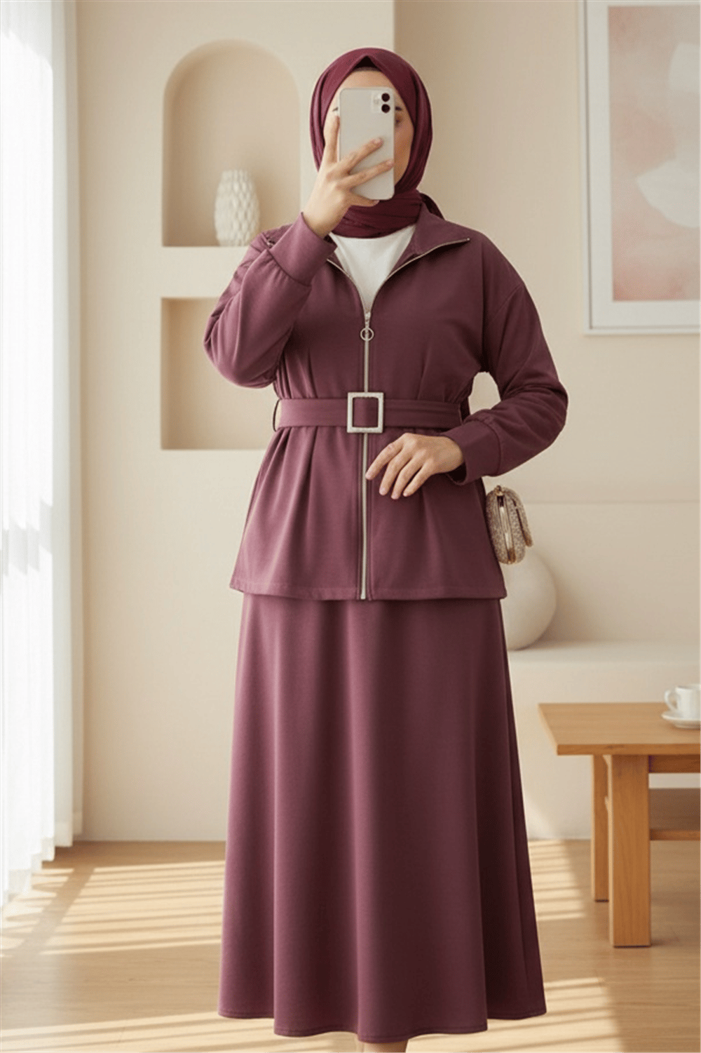Beli Katlamalı Önü Fermuarlı Kemerli Etekli Penye Takım  -Mürdüm-Takım-349-8013-R09