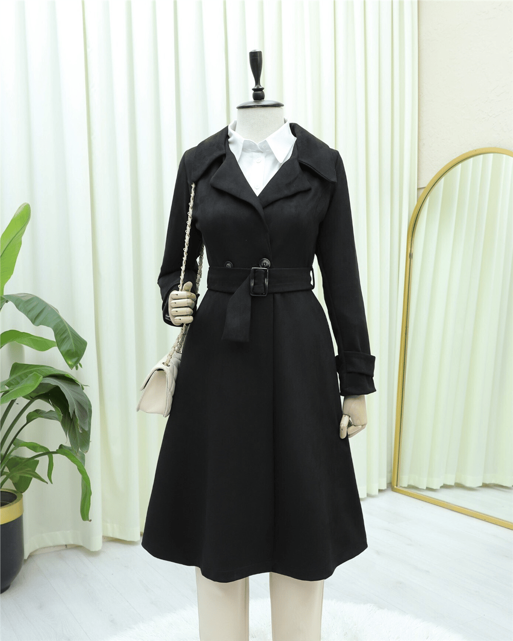 Beli Kemerli Cepli Süet Kap -Siyah-Trençkot-386-6246-R01