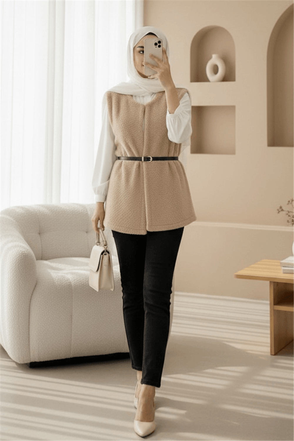 Beli Kemerli Çift Cepli Astarlı Peluş Yelek -Bej-Yelek-253-12974-R56