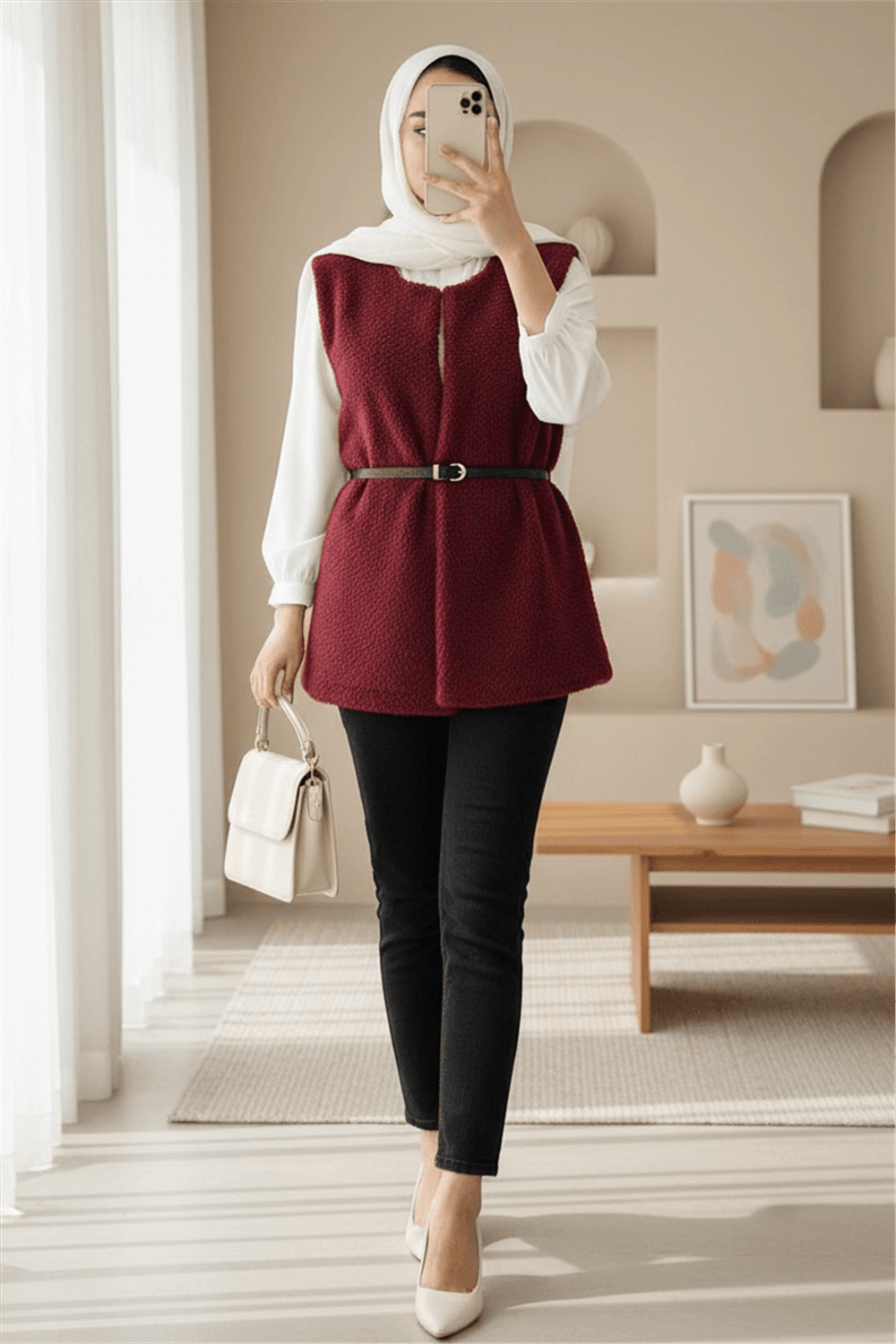 Beli Kemerli Çift Cepli Astarlı Peluş Yelek -Bordo-Yelek-253-12974-R04