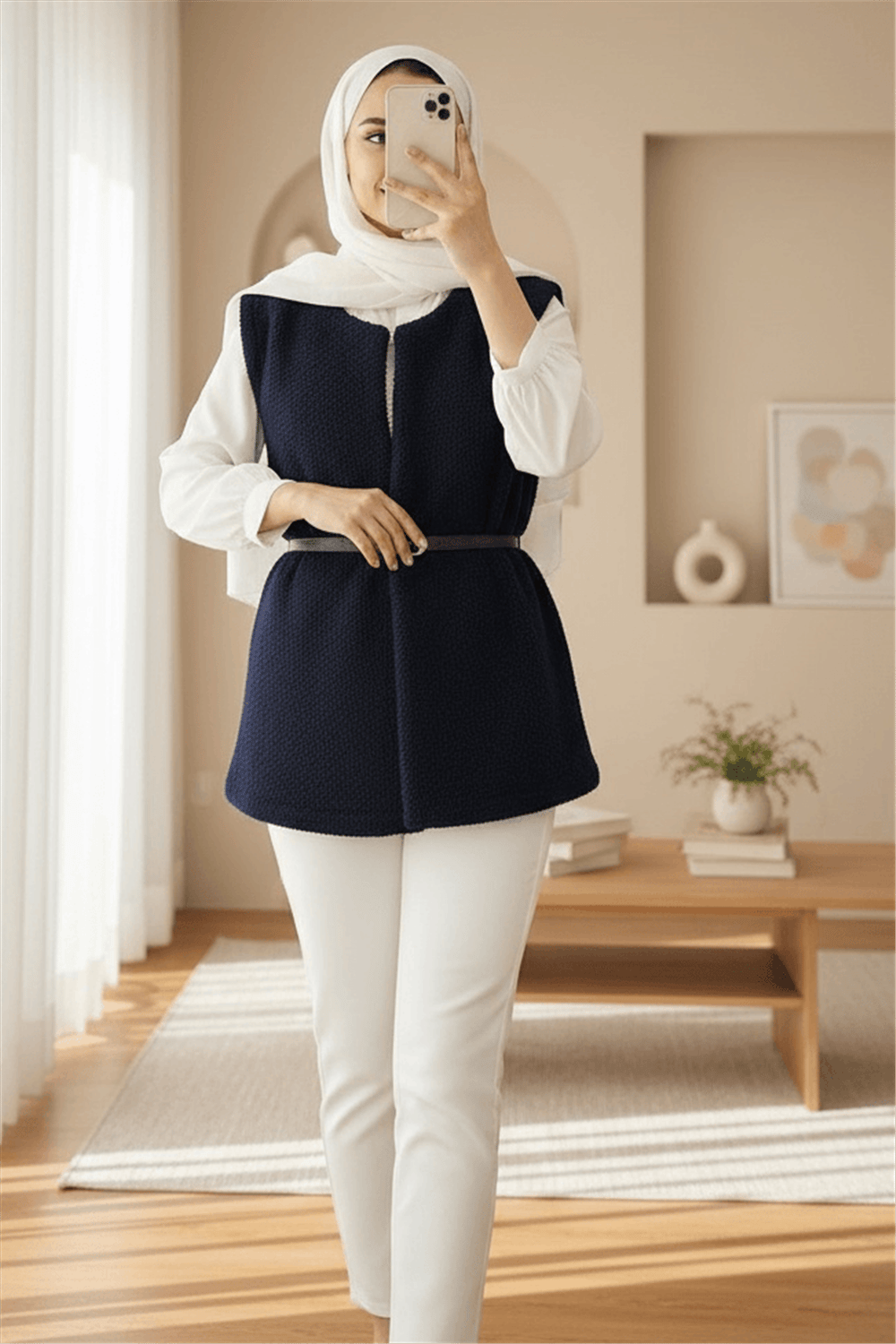 Beli Kemerli Çift Cepli Astarlı Peluş Yelek -Laci-Yelek-253-12974-R03