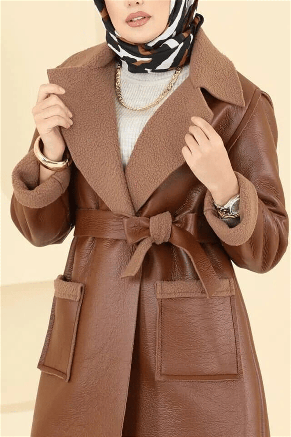 Beli Kemerli Çift Cepli İçi Kürklü Deri Kaban -Taba-Kaban-386-6239-R12