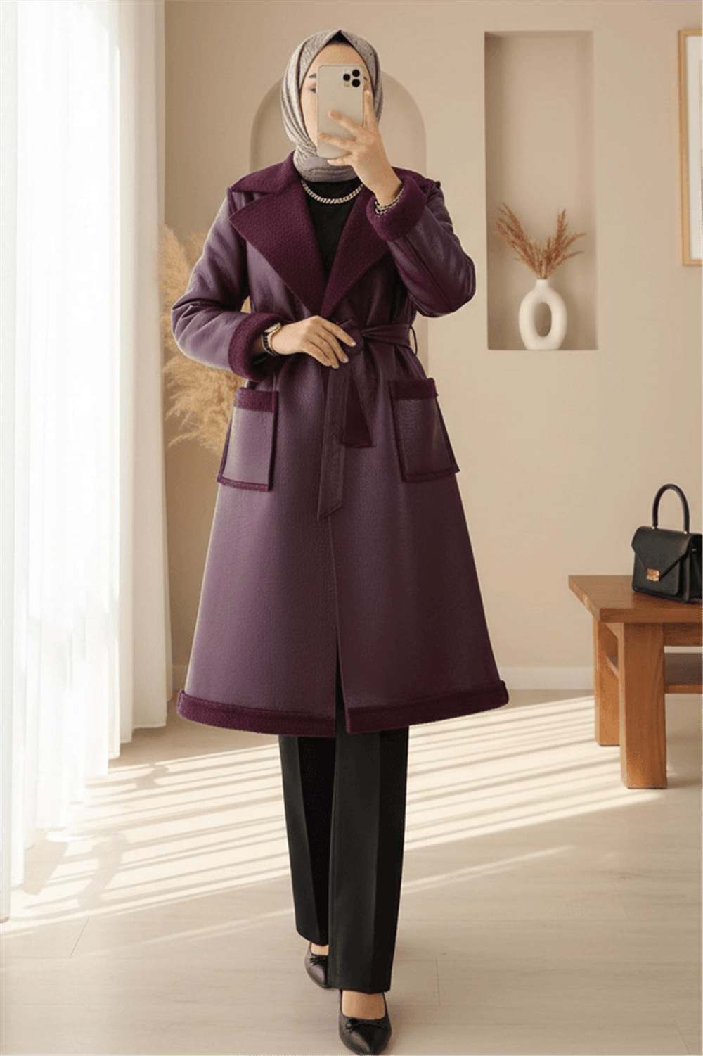 Beli Kemerli Çift Cepli İçi Kürklü Deri Kaban -Mürdüm-Kaban-386-6239-R09