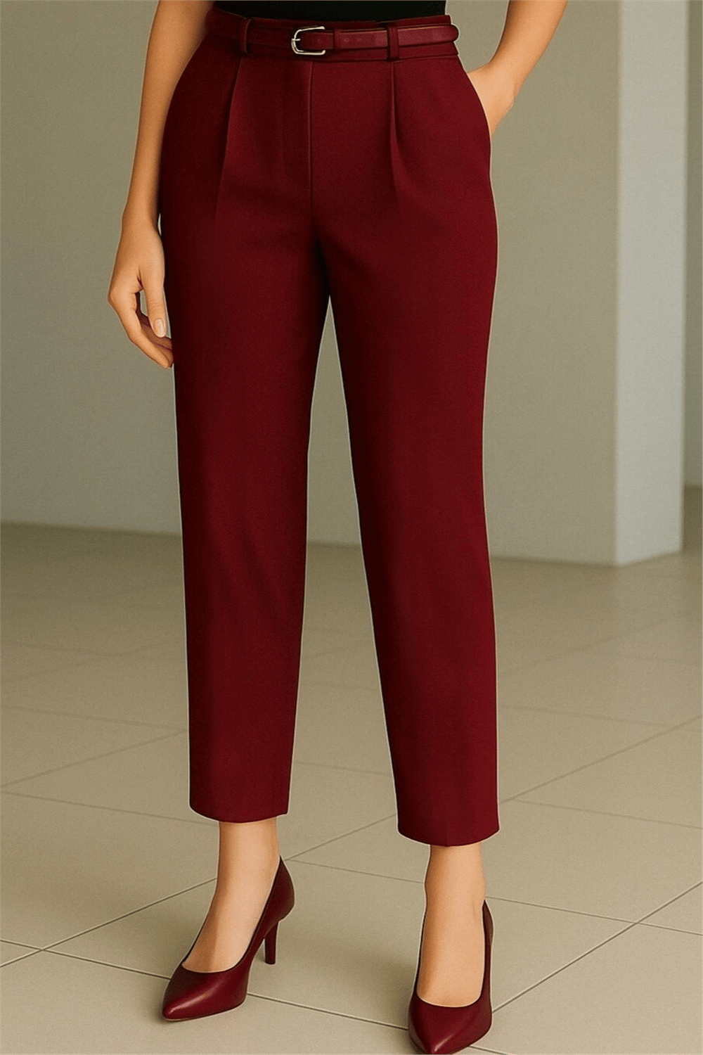 Beli Kemerli Çift Cepli Pantolon  -Bordo-Pantolon-138-6725-R04