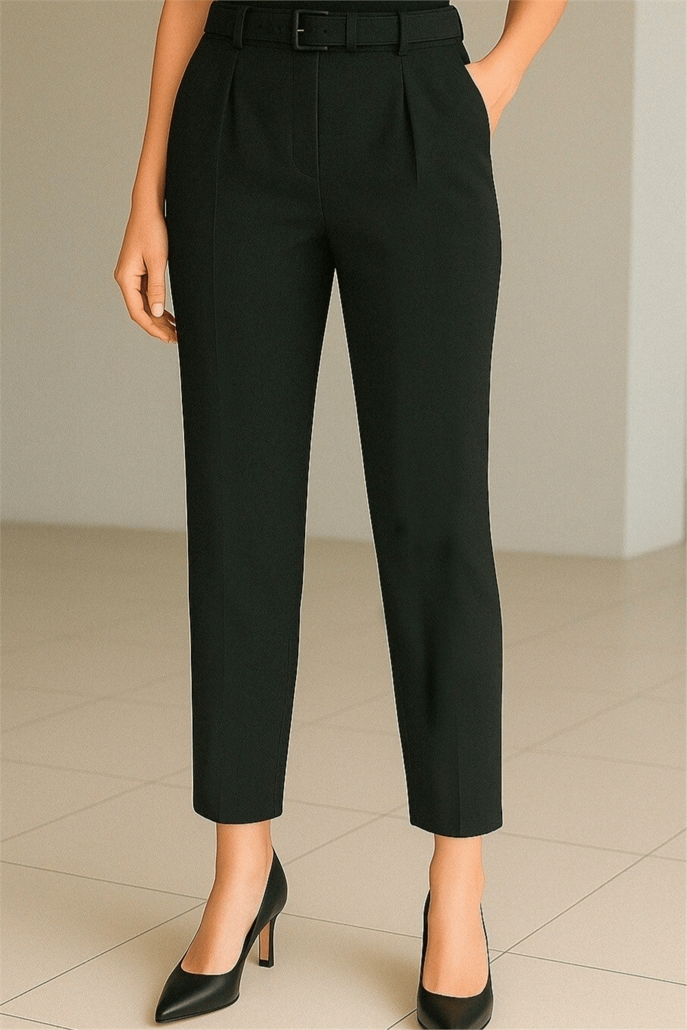 Beli Kemerli Çift Cepli Pantolon  -Siyah-Pantolon-138-6725-R01
