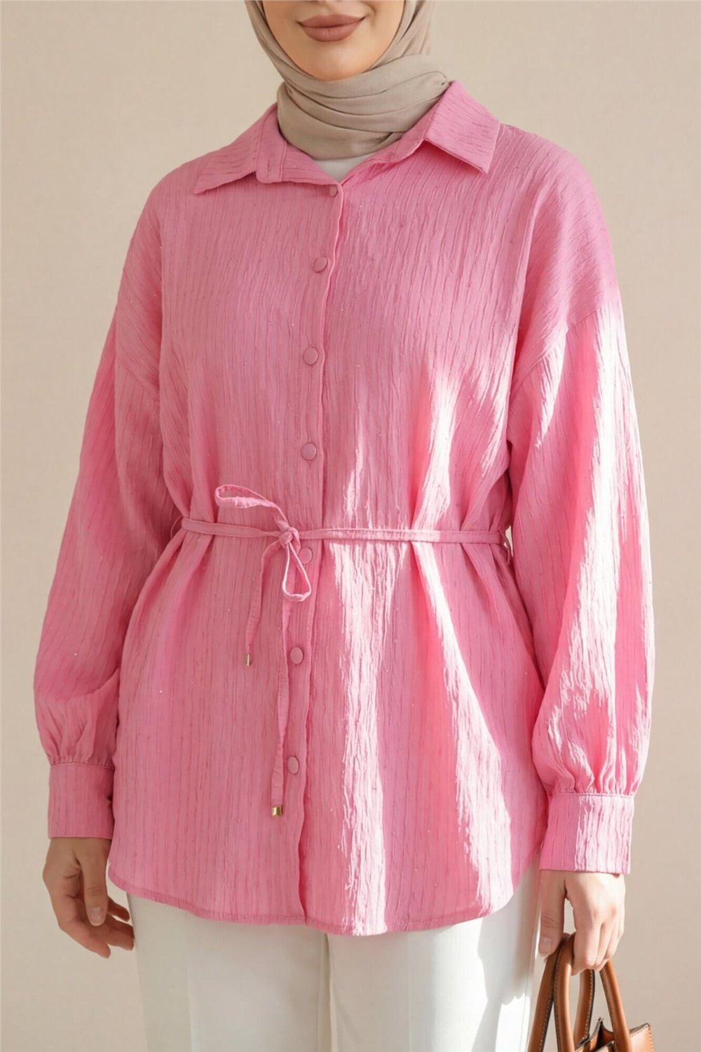 Beli Kemerli Dikiş Ve Pul Detaylı Düğmeli Gömlek -Pembe-Gömlek-398-11000-R20
