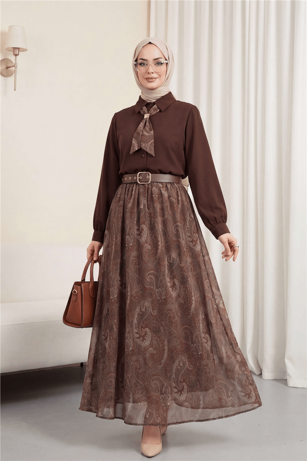 Beli Kemerli Fularlı Astarlı Etekli Şifon Takım  -K. Kahve-Takım-349-8076-R54