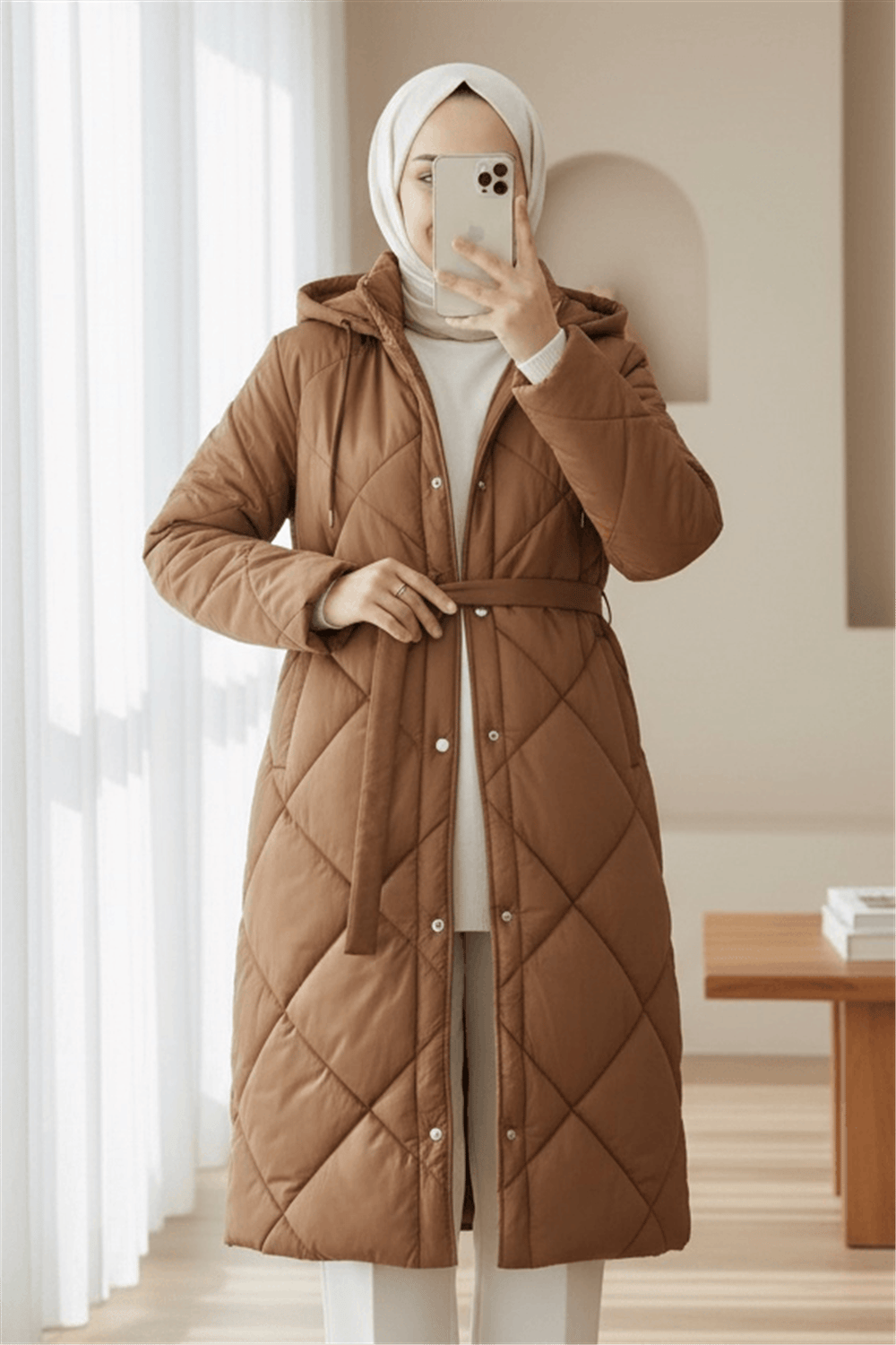 Beli Kemerli Önü Çıtçıtlı Kapşonlu Astarlı Uzun Kapitone Mont -Taba-Mont-414-4959-R12