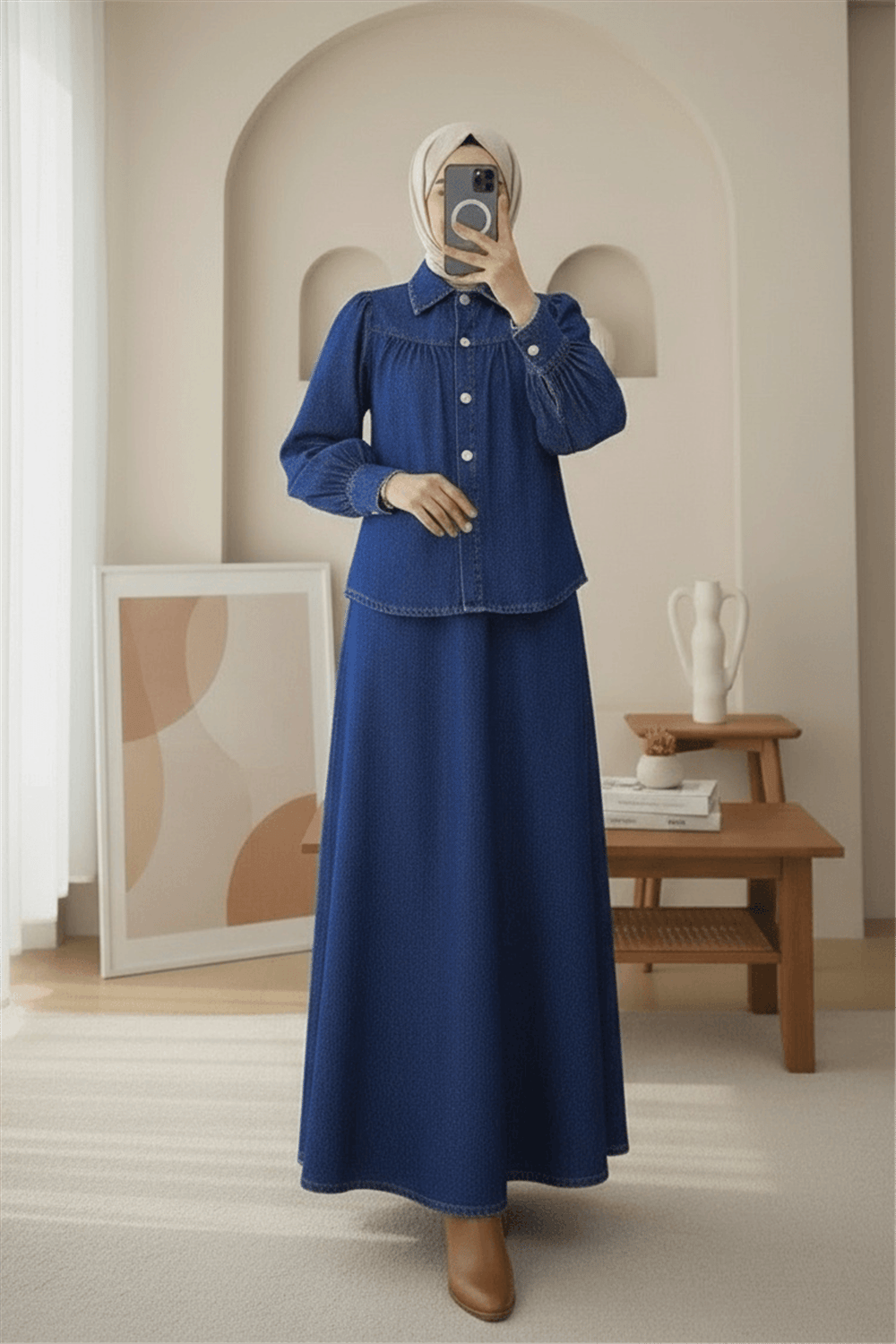 Beli Kemerli Önü Düğmeli Etekli Kot Takım -Laci-Takım-346-001-R03