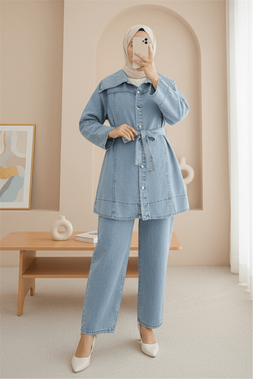 Beli Kemerli Önü Düğmeli Pantolonlu Kot Takım -Buz Mavi-Takım-197-4084-R37