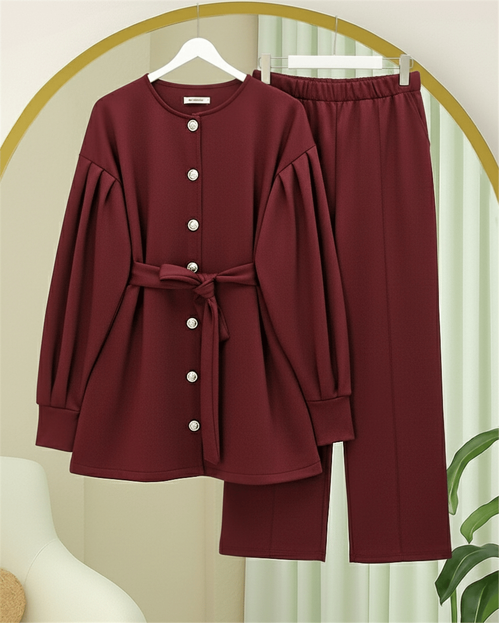 Takım-Beli Kemerli Önü Düğmeli Pantolonlu Scuba Takım  -Bordo-349-8025-R04
