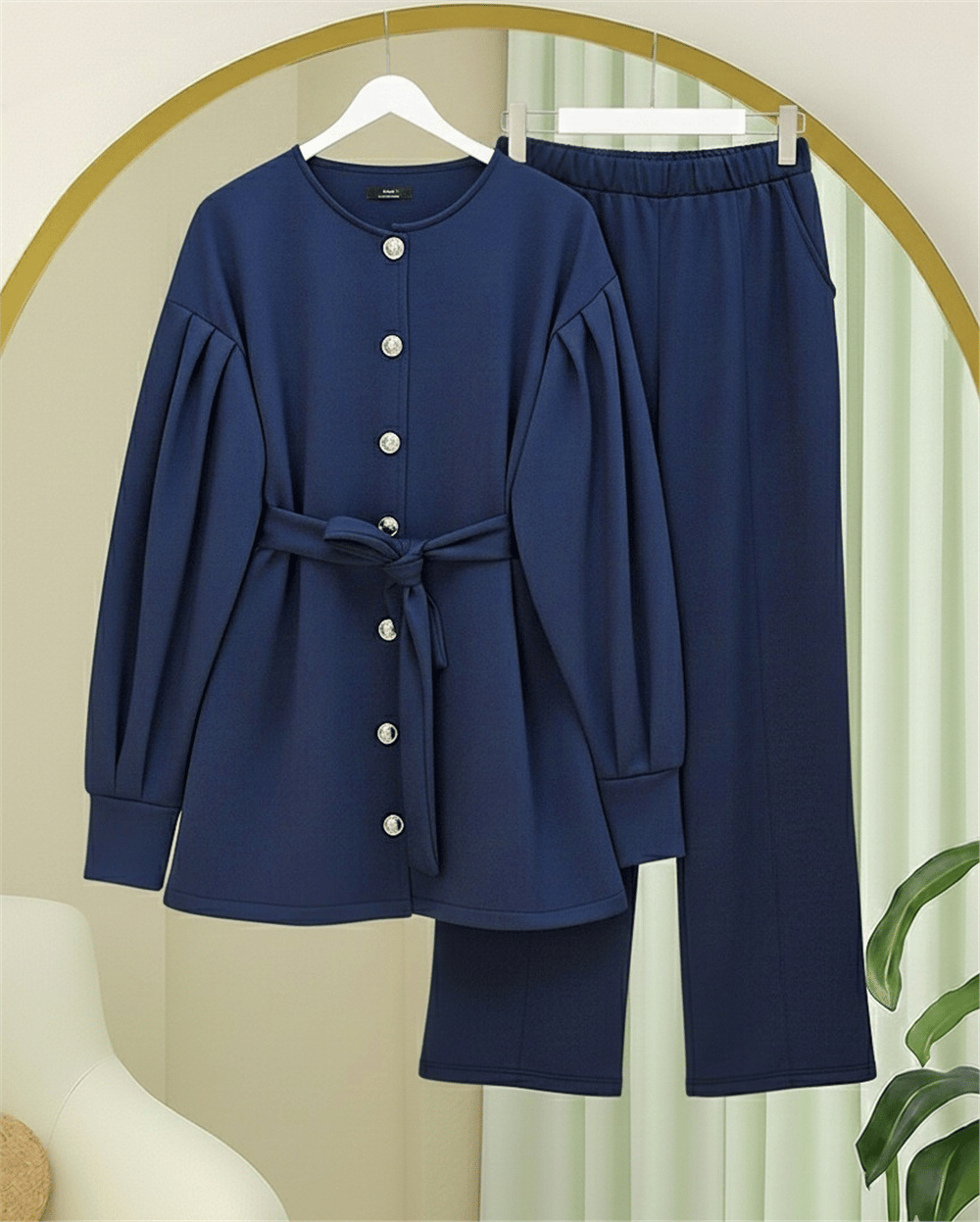 Takım-Beli Kemerli Önü Düğmeli Pantolonlu Scuba Takım  -Laci-349-8025-R03