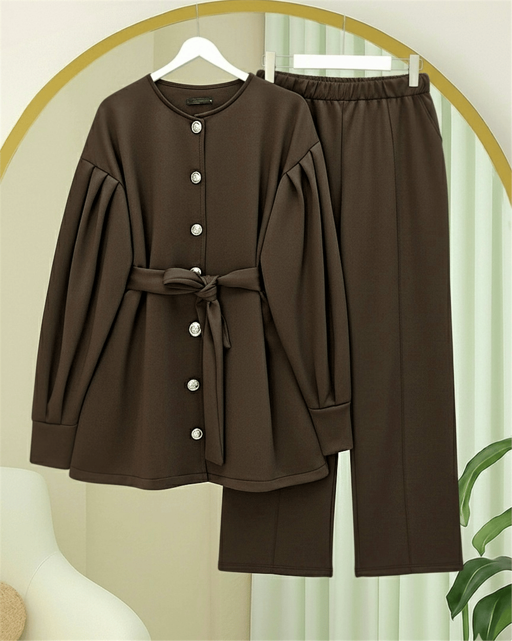 Takım-Beli Kemerli Önü Düğmeli Pantolonlu Scuba Takım  -Kahve-349-8025-R15