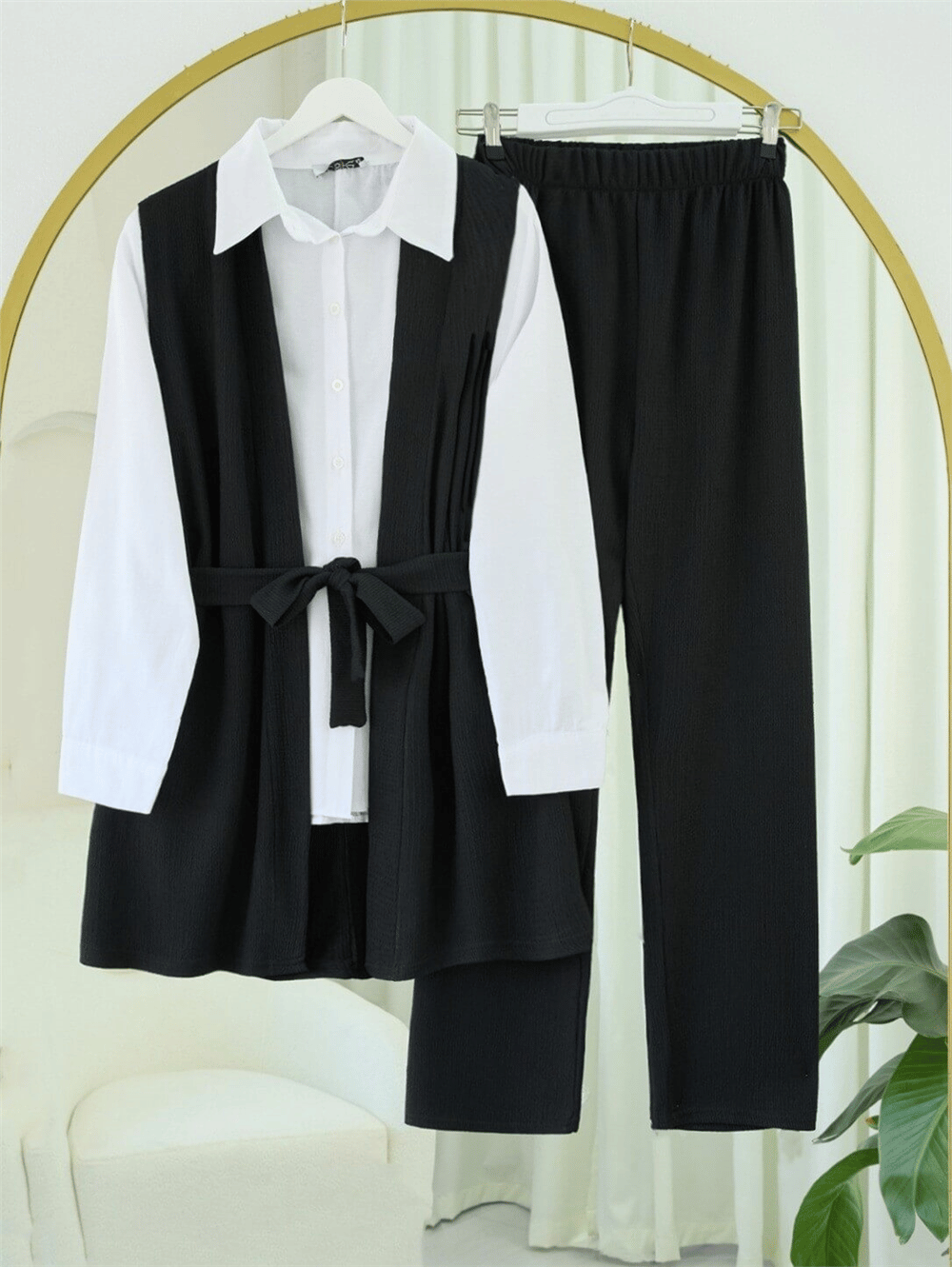 Beli Kemerli Yan Cepli Yelek Pantolon Krinkıl Takım -Siyah-Takım-326-10062-R01