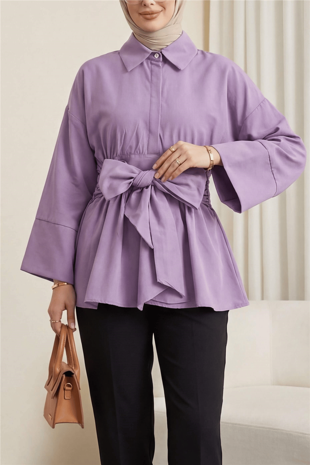 Beli Korsajlı Gizli Patlı Kuşaklı Poplin Tunik -Lila-Tunik-111-22042-R42
