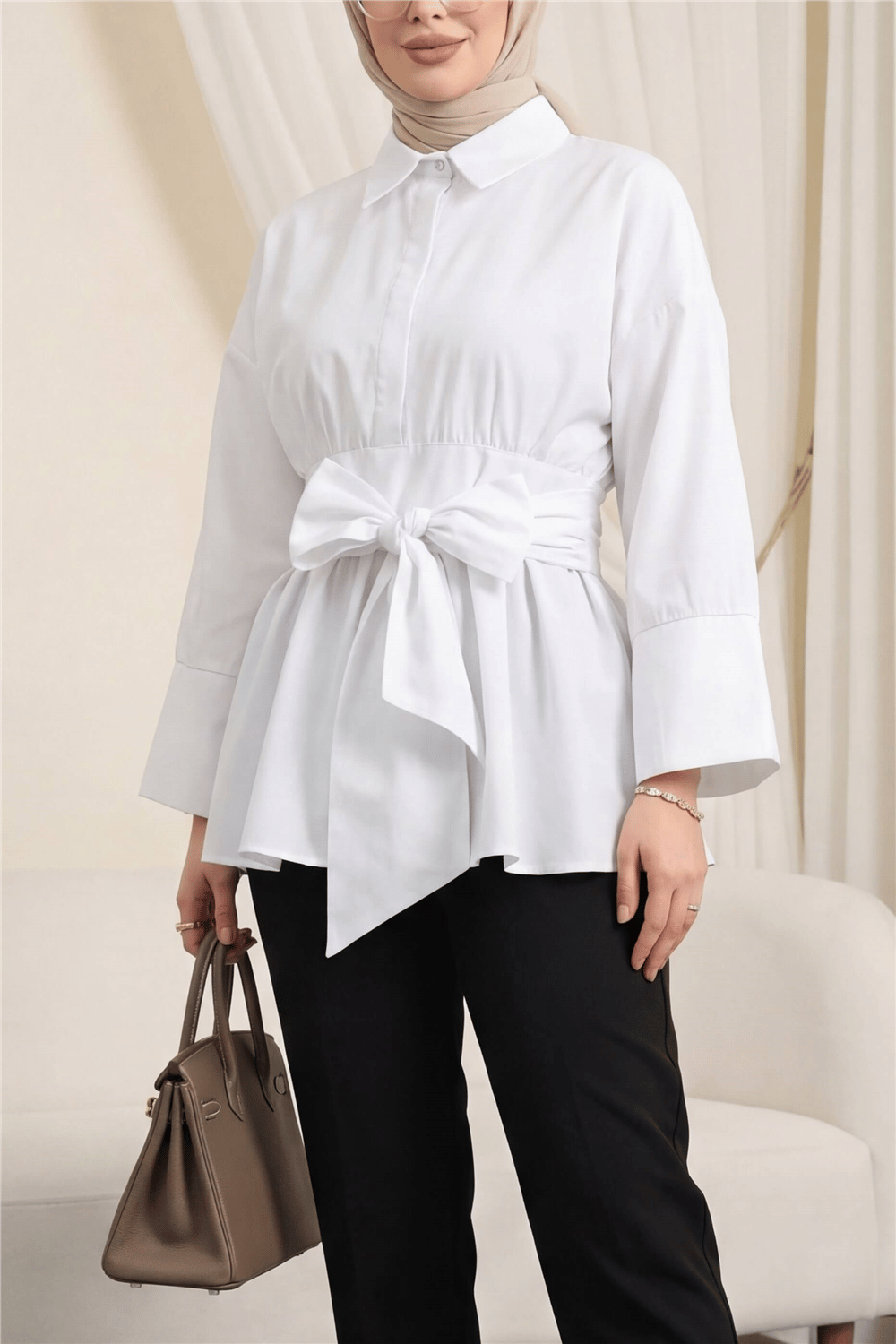 Beli Korsajlı Gizli Patlı Kuşaklı Poplin Tunik -Beyaz-Tunik-111-22042-R02