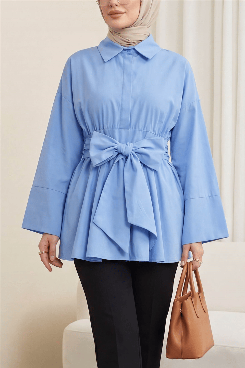 Beli Korsajlı Gizli Patlı Kuşaklı Poplin Tunik -Mavi-Tunik-111-22042-R31