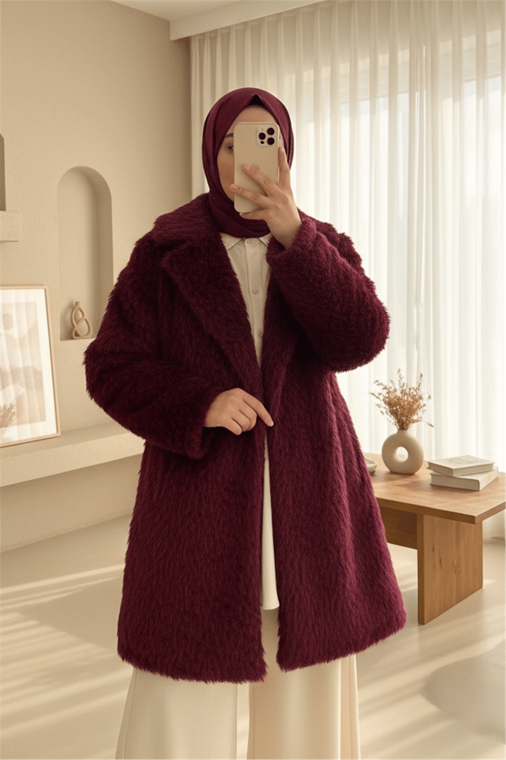 Beli Kuşaklı Cepli Sakallı Kap -Bordo-Trençkot-111-50784-R04