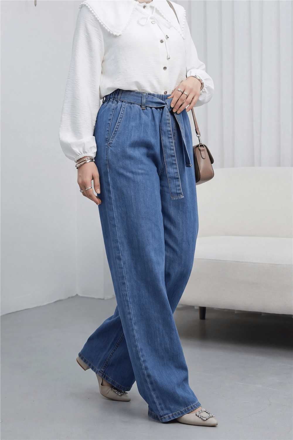 Beli Kuşaklı Lastikli Cepli Kot Pantolon  -Mavi-Pantolon-417-16779-R31