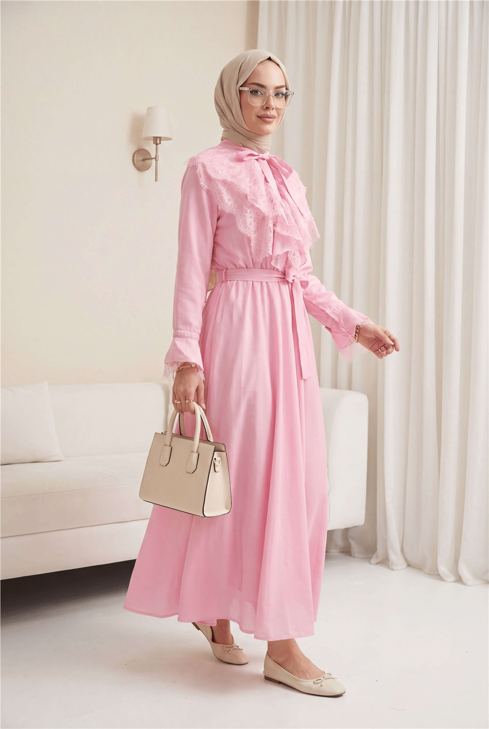 Beli Kuşaklı Lastikli Yarım Düğmeli Yakası Bağlamalı Fırfırlı Astarlı Cupra Elbise     -Pembe-Elbise-426-3157-R20
