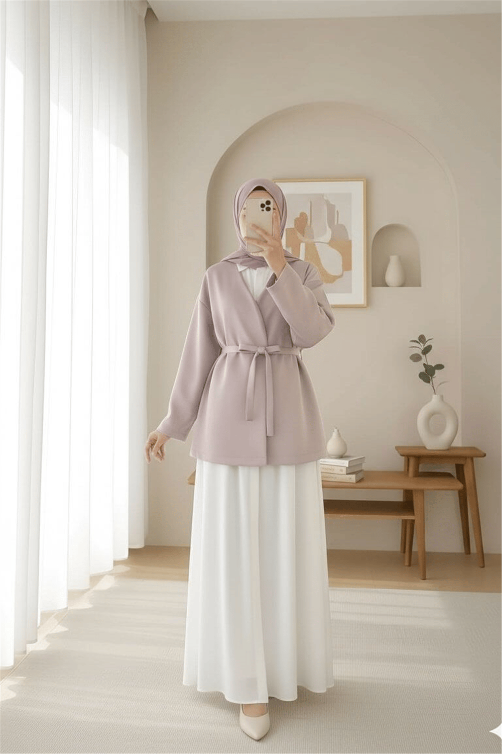 Beli Kuşaklı V Yaka  Scuba Kimono  -Bej-Kimono & Kaftan-120-1626-R56