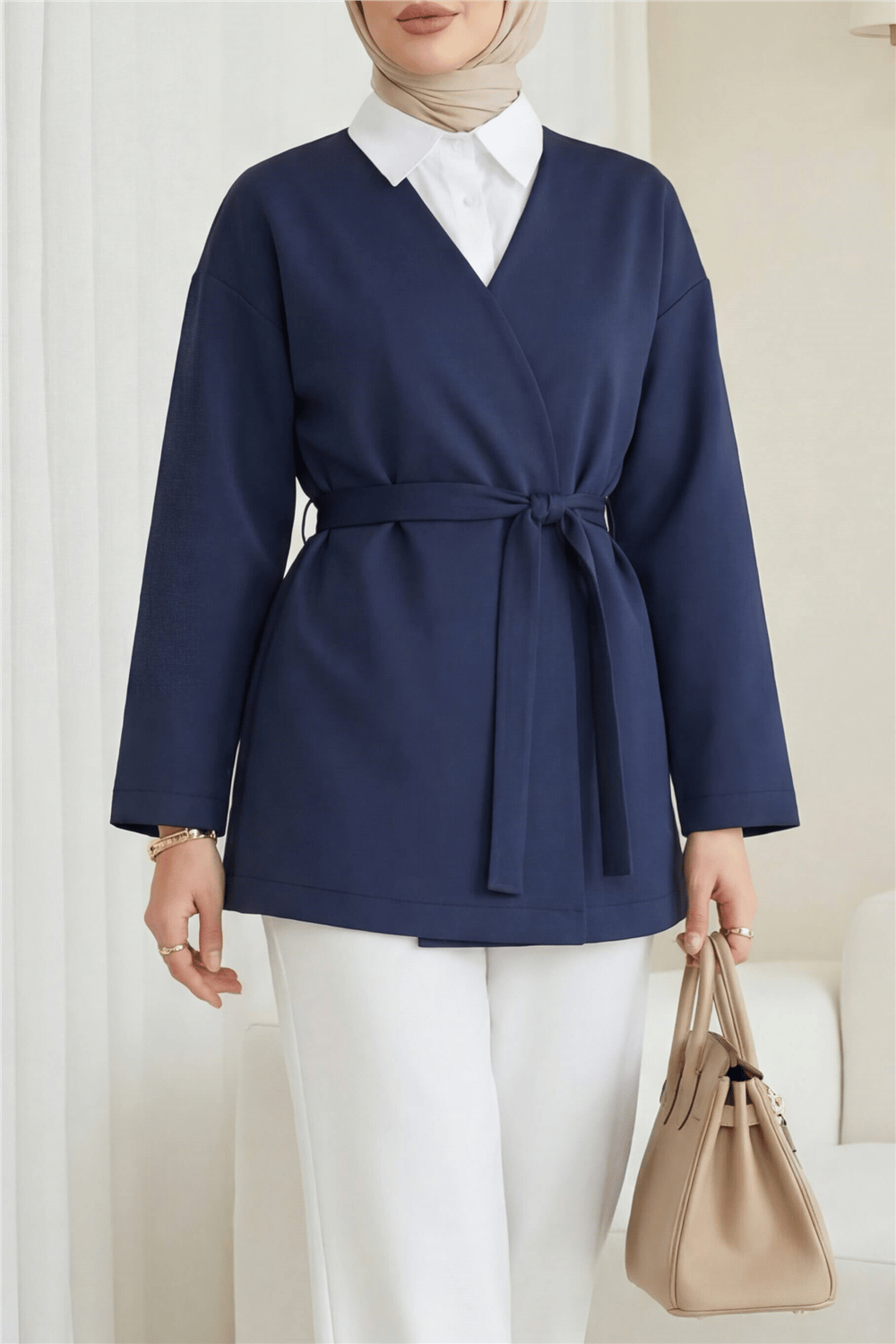 Beli Kuşaklı V Yaka  Scuba Kimono  -Laci-Ceket-120-1626-R03
