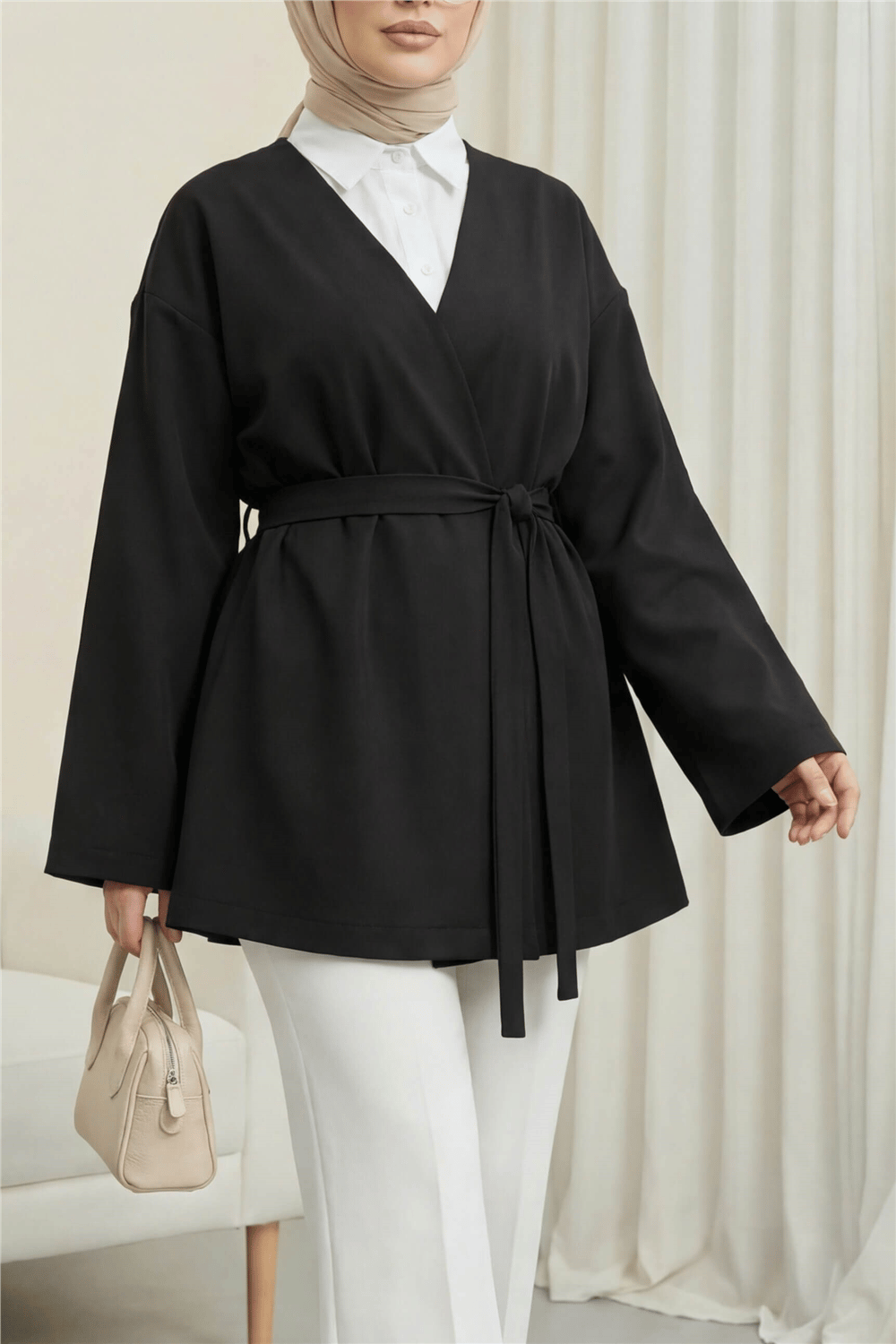 Beli Kuşaklı V Yaka  Scuba Kimono  -Siyah-Ceket-120-1626-R01