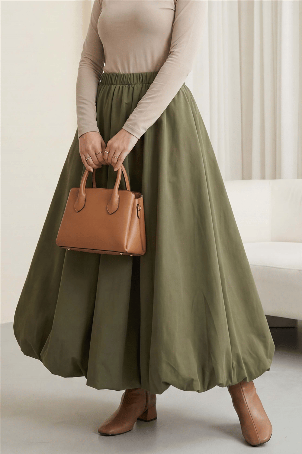 Beli Lastikli Astarlı Poplin Balon Etek -Haki-Etek-430-5047-R05