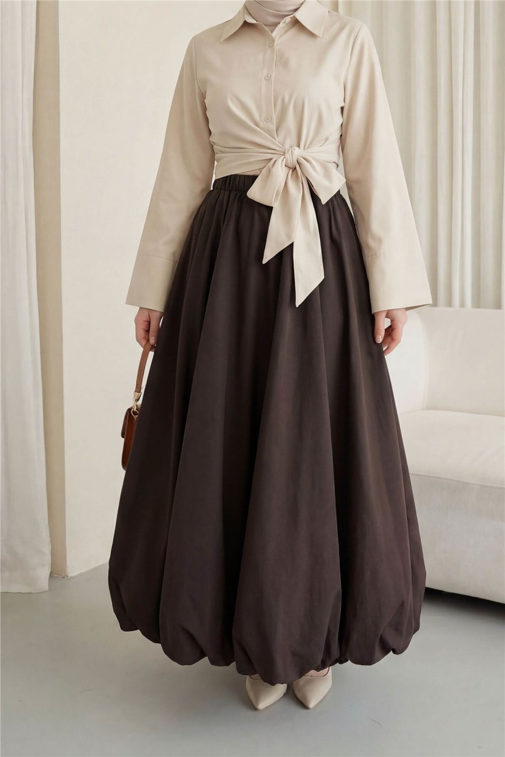 Beli Lastikli Astarlı Poplin Balon Etek -Kahve-Etek-430-5047-R15