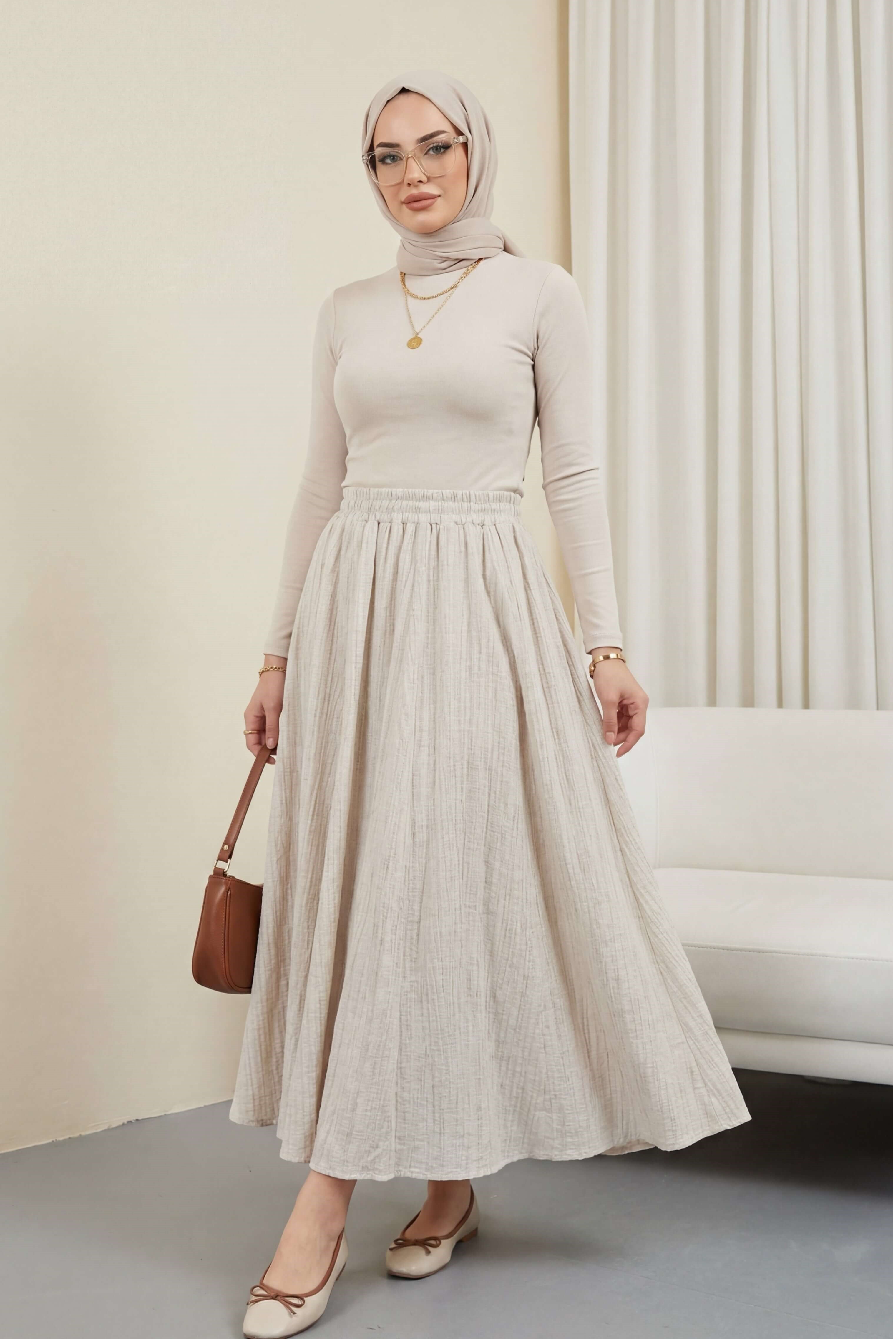 Beli Lastikli Astarlı Uzun Gofre Etek -Taş-Etek-440-3026-R43