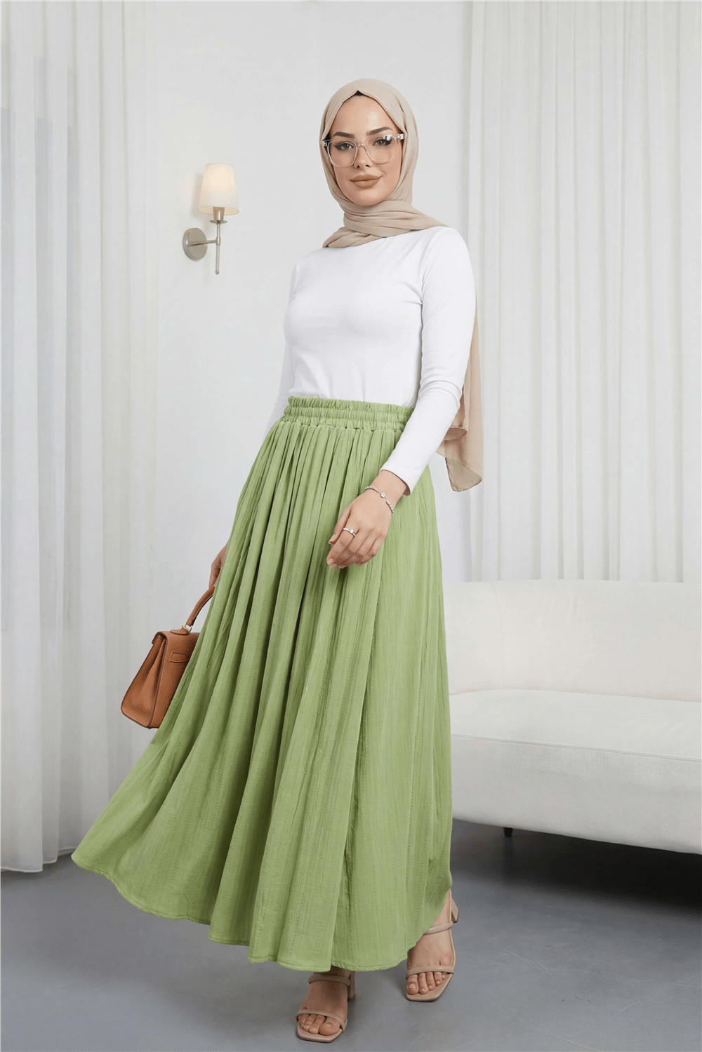Beli Lastikli Astarlı Uzun Gofre Etek -A.Yeşil-Etek-440-3026-R69