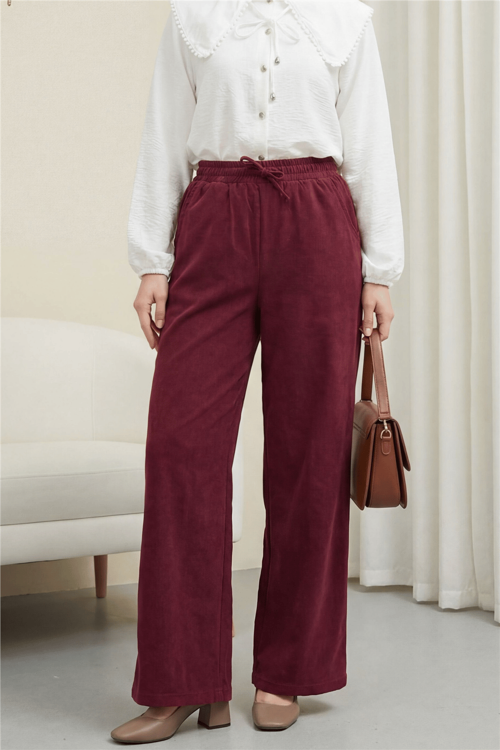 Beli Lastikli Bağcık Detaylı Cepli Bol Paça Tensel Pantolon -Bordo-Pantolon-307-2382-R04