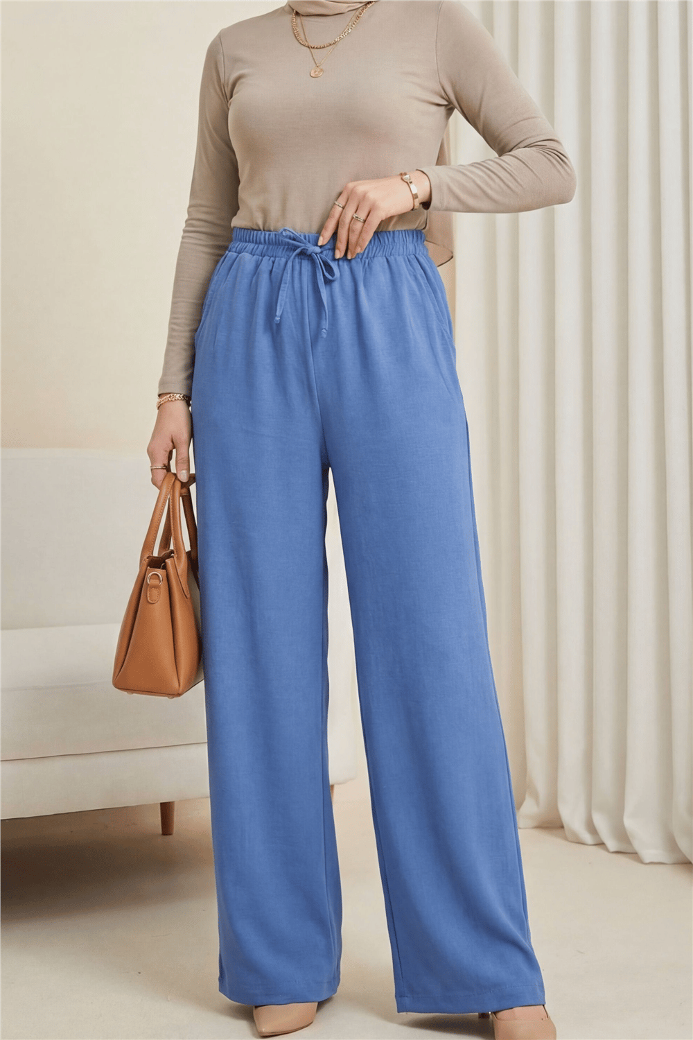 Beli Lastikli Bağcık Detaylı Cepli Bol Paça Tensel Pantolon -İndigo-Pantolon-307-2382-R21