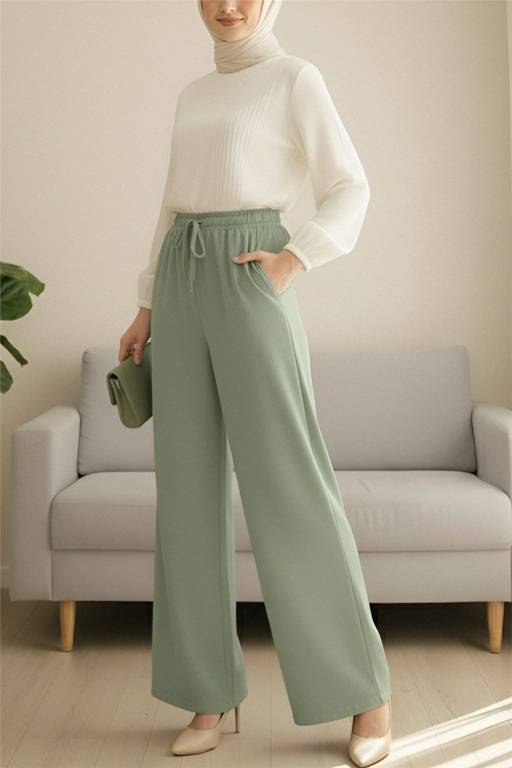 Beli Lastikli Bağcık Detaylı Cepli Bol Paça Tensel Pantolon -Çağla Y.-Pantolon-307-2382-R70