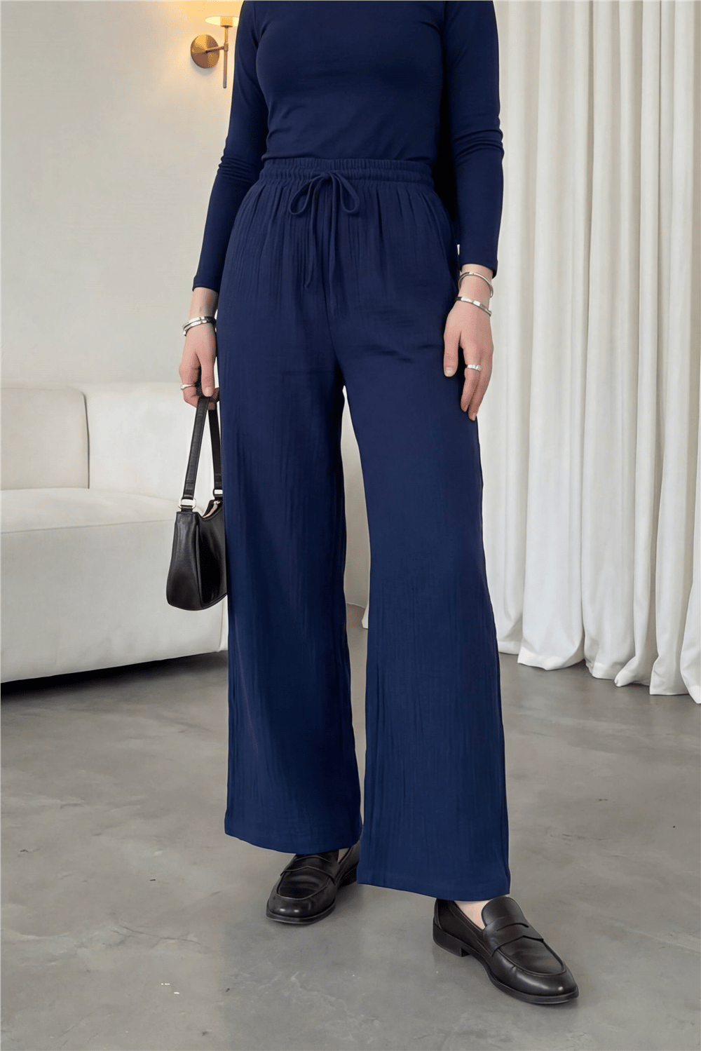 Beli Lastikli Bağcıklı Bol Paça Müslin Pantolon  -Laci-Pantolon-430-4010-R03