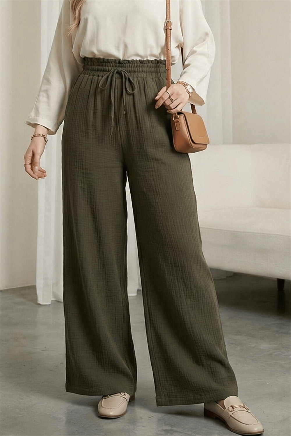 Beli Lastikli Bağcıklı Bol Paça Müslin Pantolon  -Haki-Pantolon-430-4010-R05