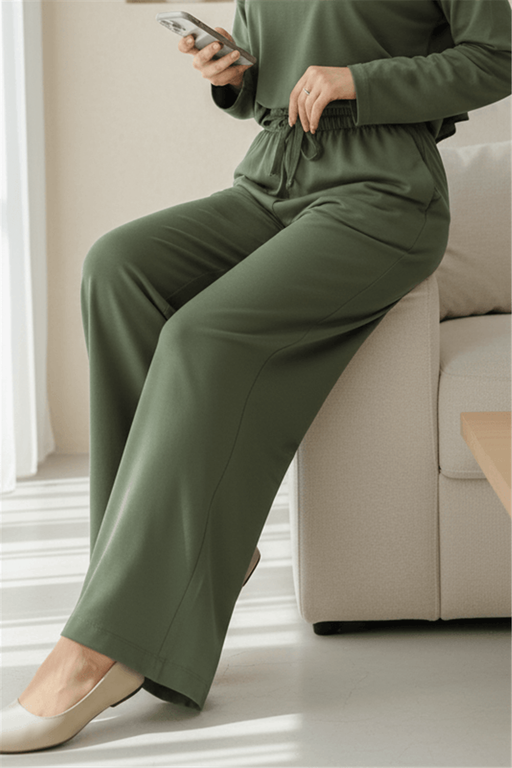 Beli Lastikli Bağcıklı Bol Paça Salaş Pantolon  -Haki-Pantolon-338-20646-R05