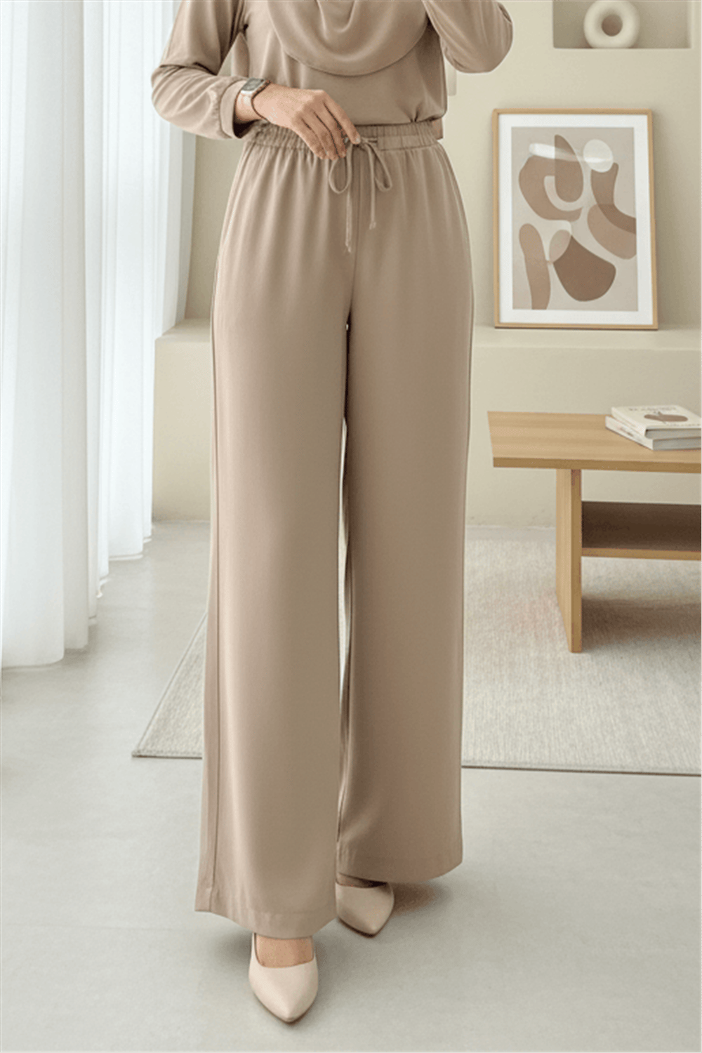 Beli Lastikli Bağcıklı Bol Paça Salaş Pantolon  -Vizon-Pantolon-338-20646-R23