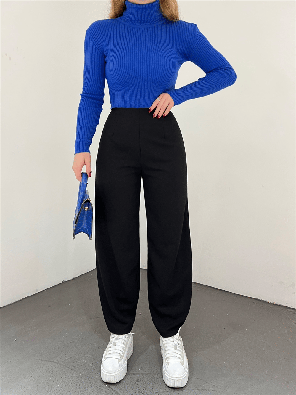 Pantolon-بنطلون بالون بخصر مطاطي - أسود-306-4091-R01