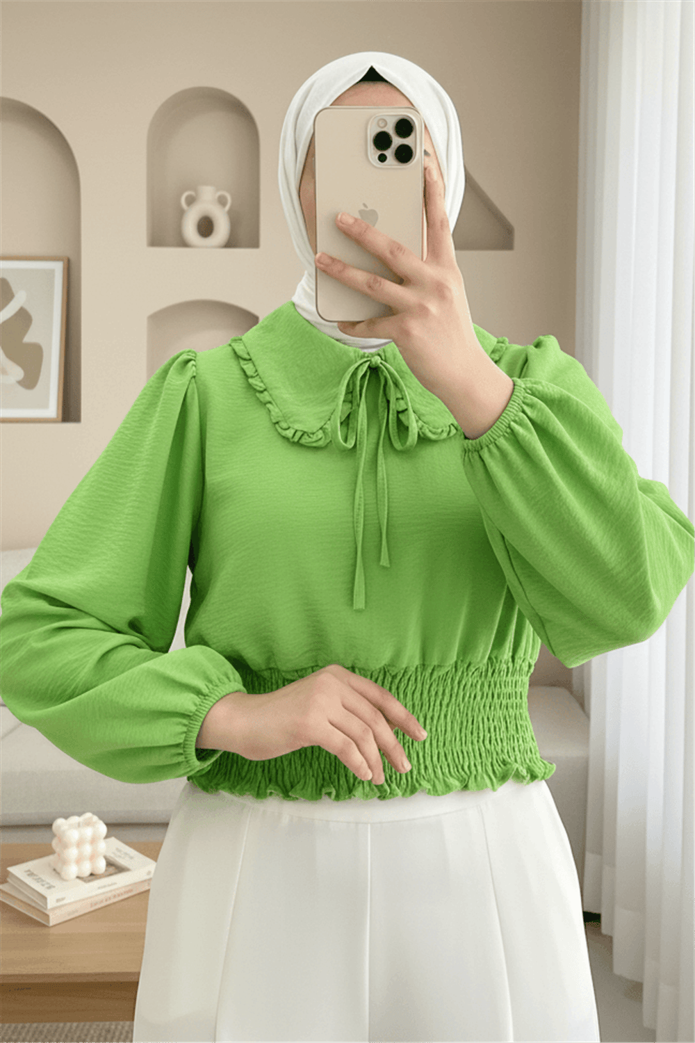 Beli Lastikli Bebe Yaka Uzun Kol Bluz  -Yeşil-Bluz-349-3032-R35