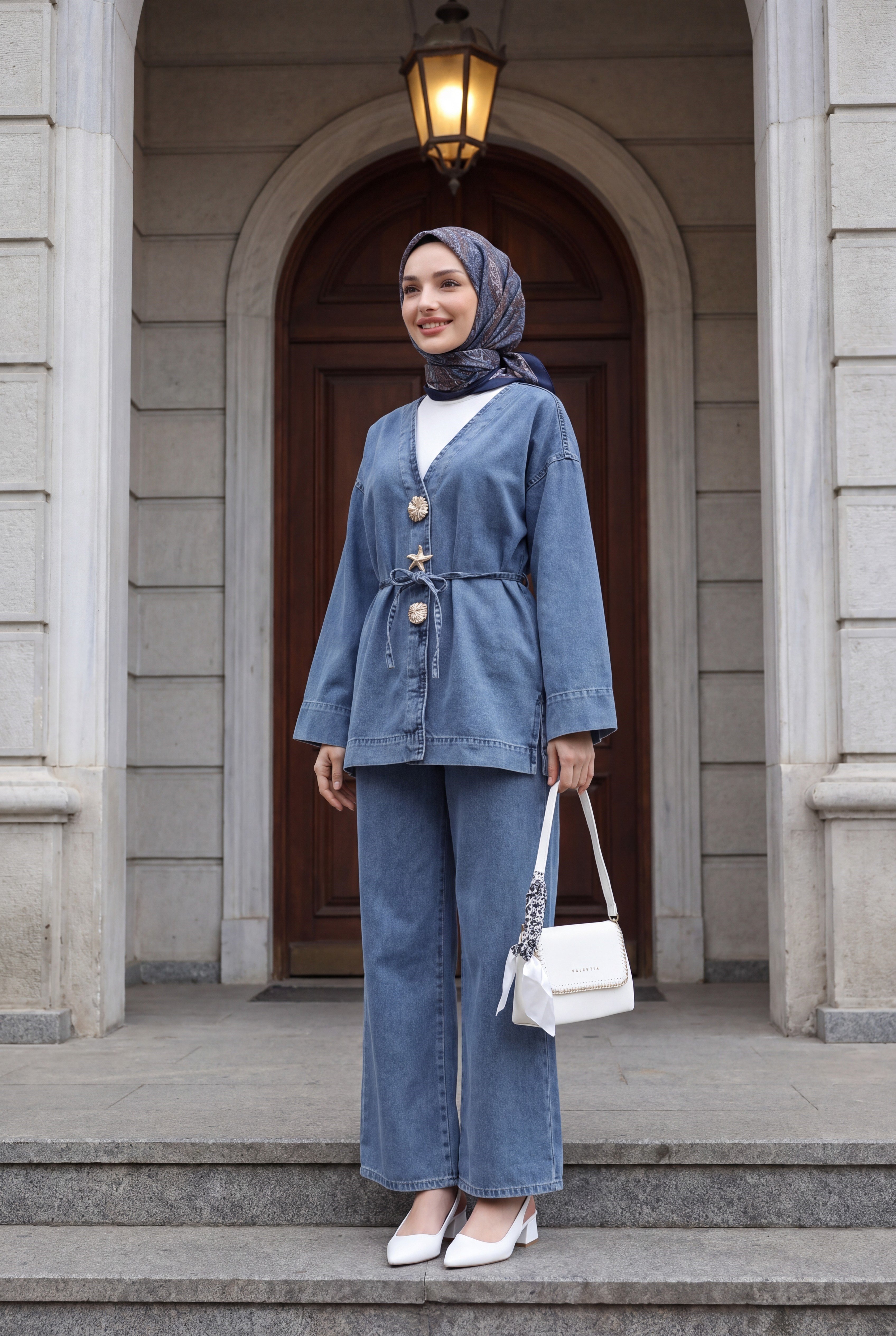 Beli Lastikli Bol Paça Pantolonlu Bağcıklı Kot Kimono Takım -Buz Mavi