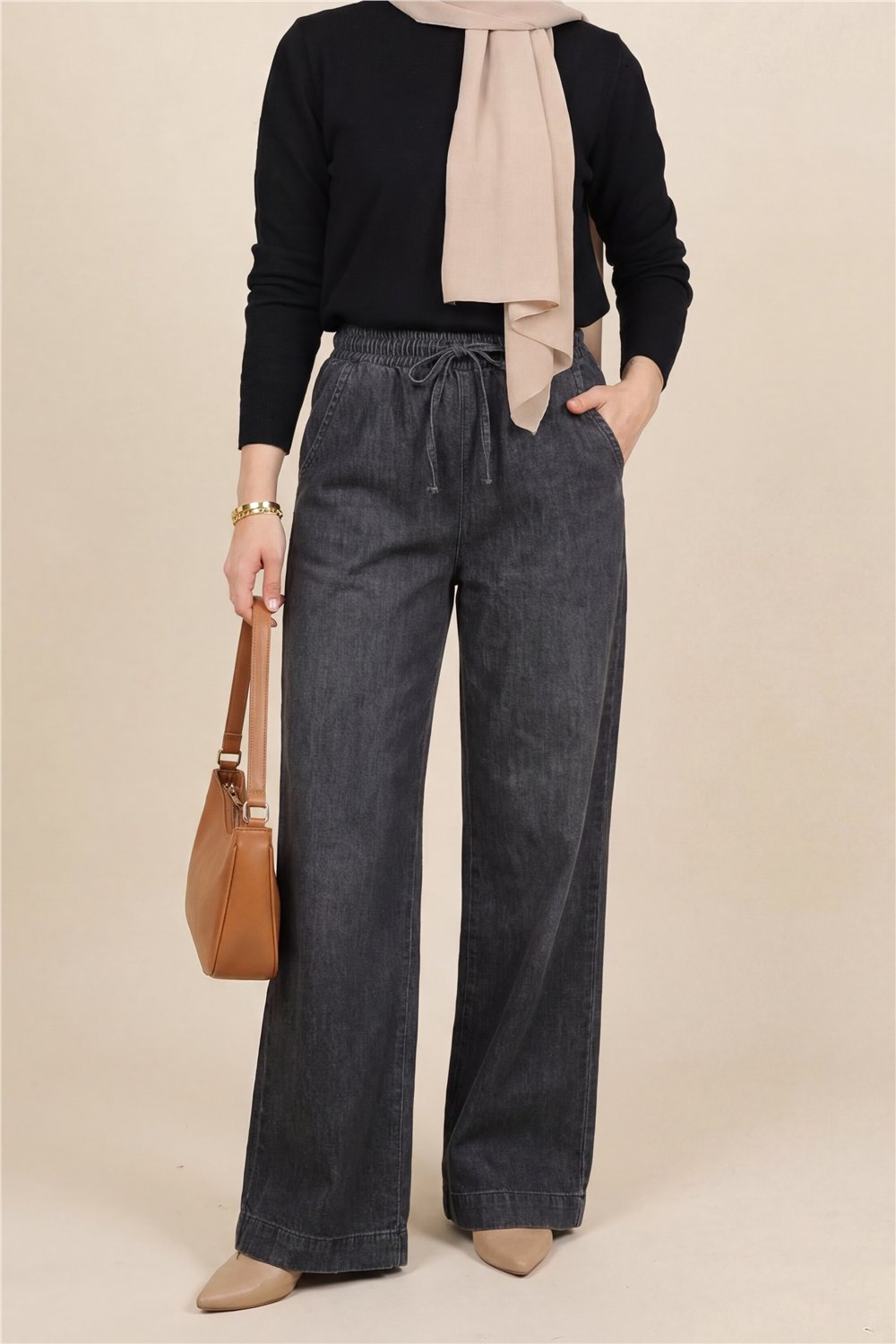 Beli Lastikli Cepli Bol Paça Kot Pantolon        -Antrasit-Pantolon-136-0840-R64