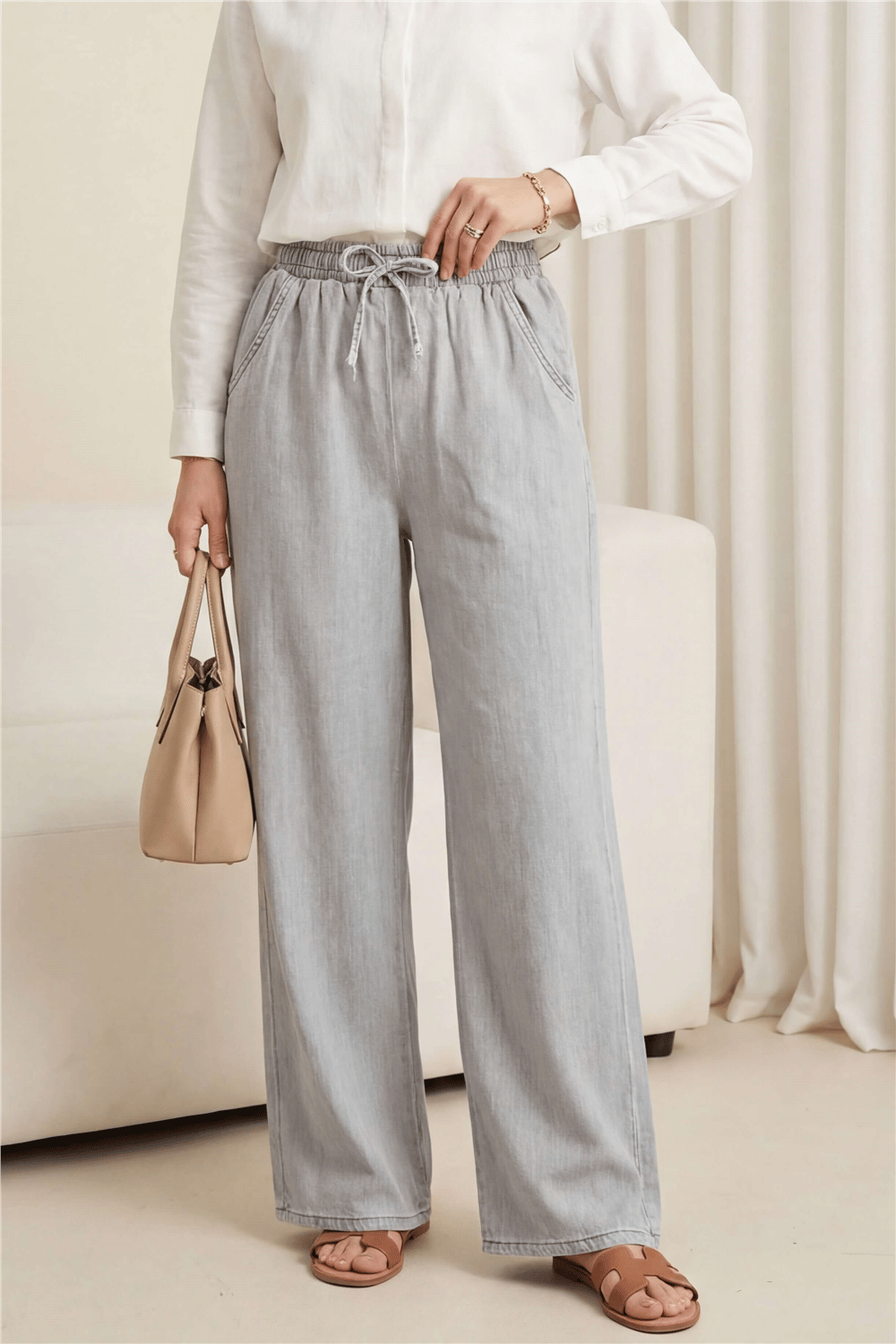 Beli Lastikli Cepli Bol Paça Kot Pantolon         -Gri-Pantolon-136-0840-R11