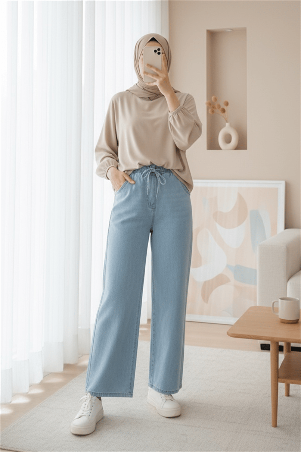 Beli Lastikli Cepli Bol Paça Kot Pantolon       -Bebe Mavi-Pantolon-136-0840-R32